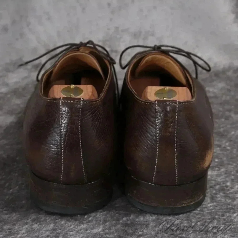 Santoni Grained Leather Burnished Espresso Derby Shoes 13 Made in Italy - Picture 2 of 10